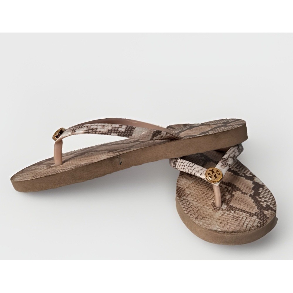 TORY BURCH Flip Flops Girls 4 Tan Snake Print Rubber Golden Tone Medallion Thin